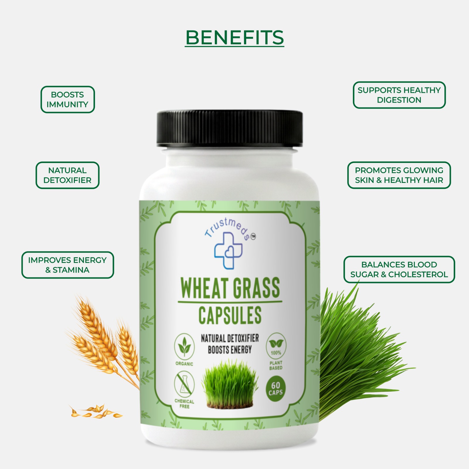 Trustmeds Wheat Grass Capsules - Natural Detoxifier & Energy Booster (60 Caps) view 3